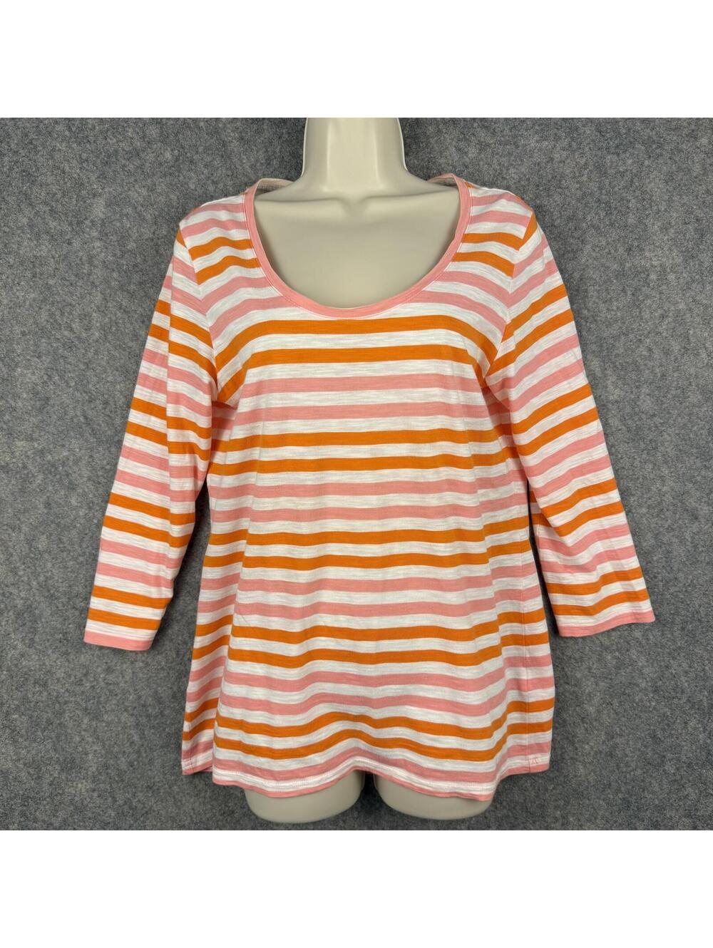 LL Bean 3/4 Sleeve Tee Shirt Orange Pink White Stripe Women Medium Classic 448